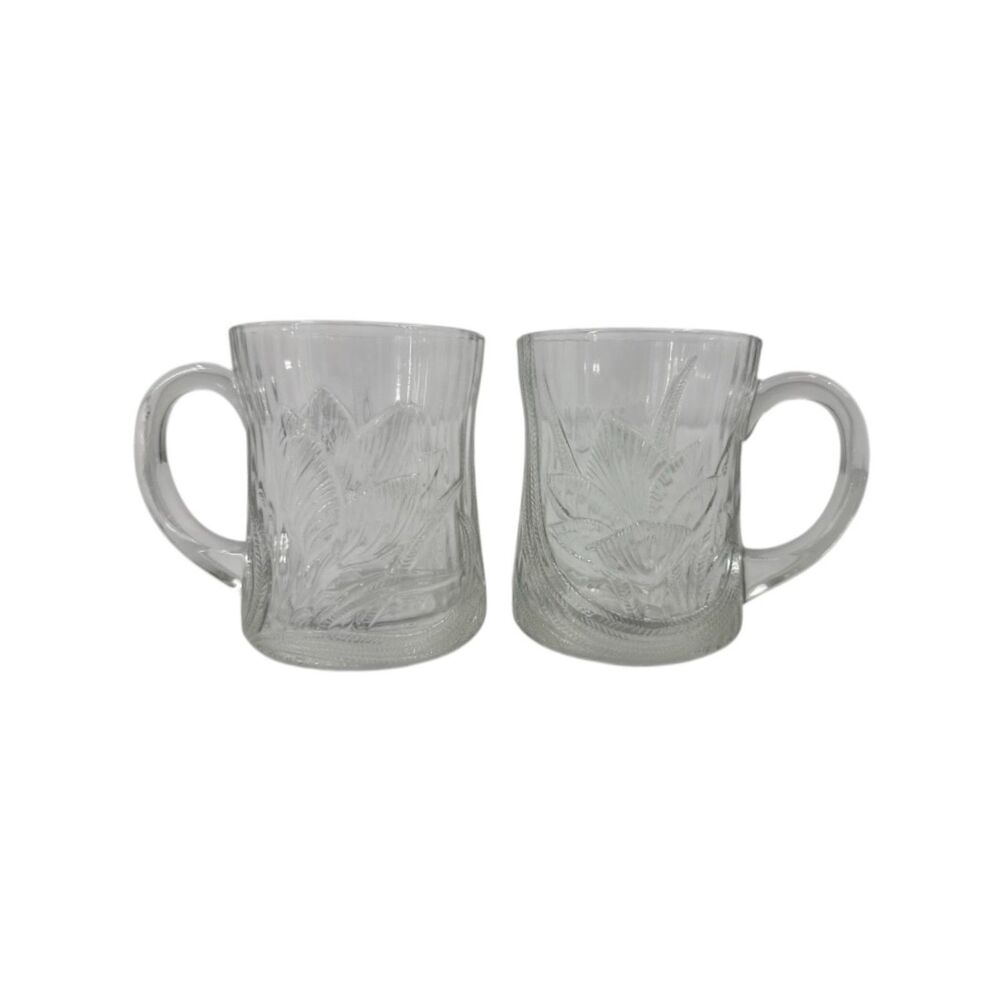 Canterbury Crocus Floral Glass Mugs Set of 2 Arcoroc tempered thick glass VTG